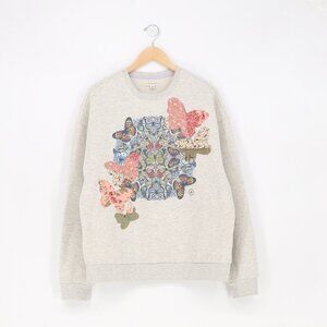 Upcycled Reworked Quilted Patch Butterfly Sweatshirt Light Gray